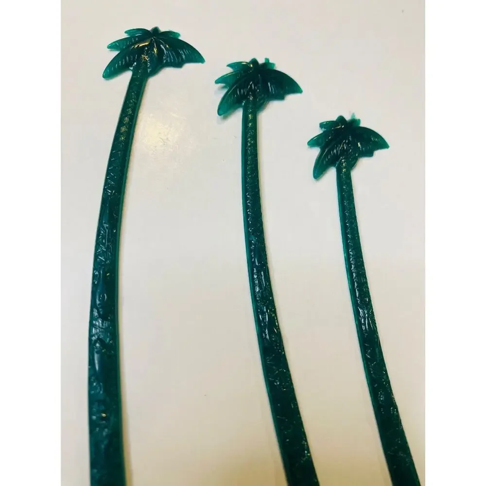 Set of 3 Vintage Hilton Mayaguez Cocktail Sticks Stirrers Green Palm Tree 6